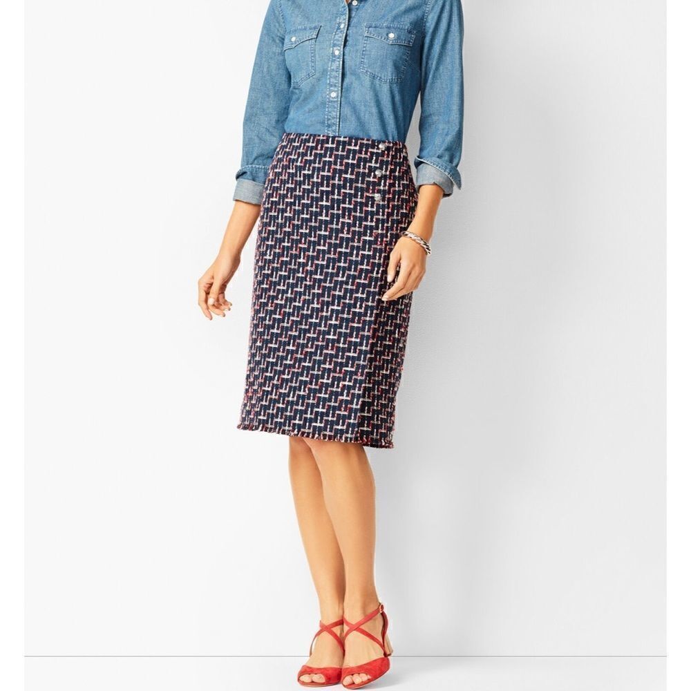 TALBOTS Boucle Navy White, Blue & Red‎ Wrap Skirt With Slit
